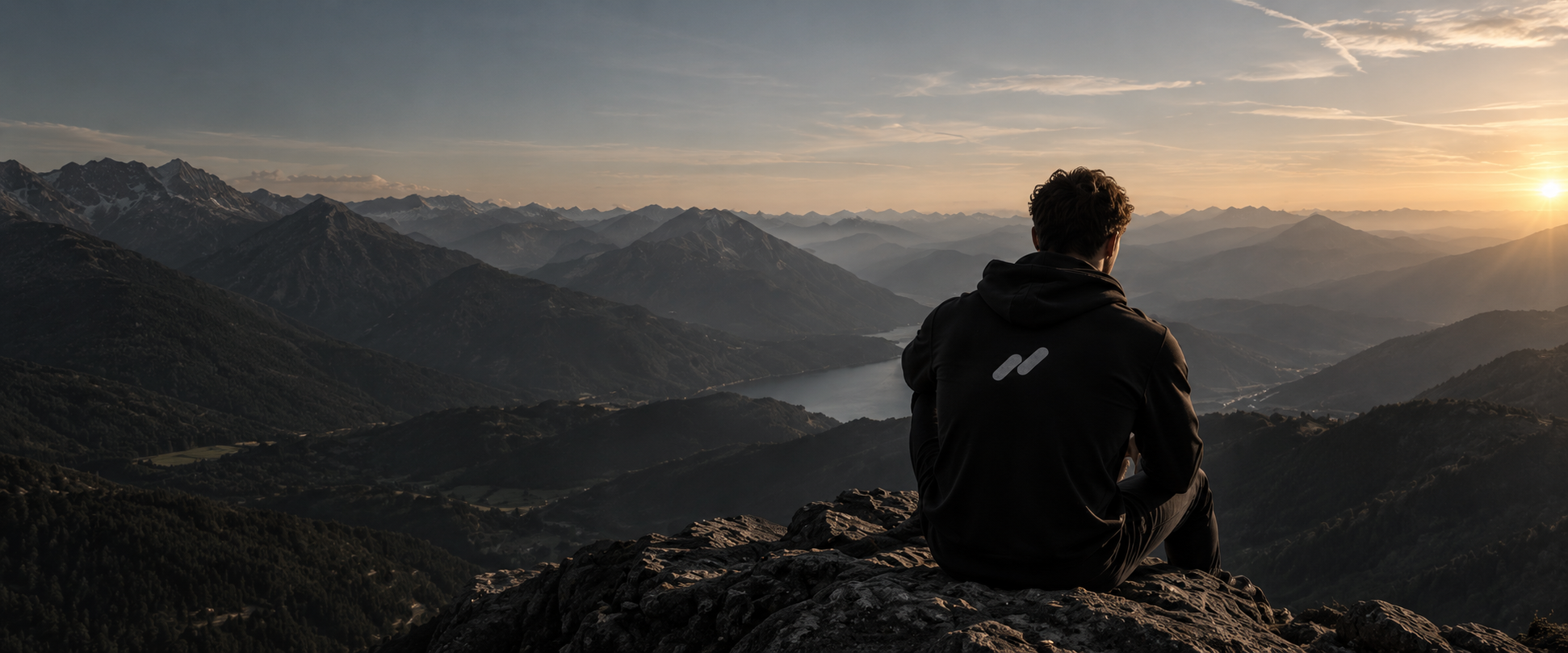 A person looking over the mountains at sunrise